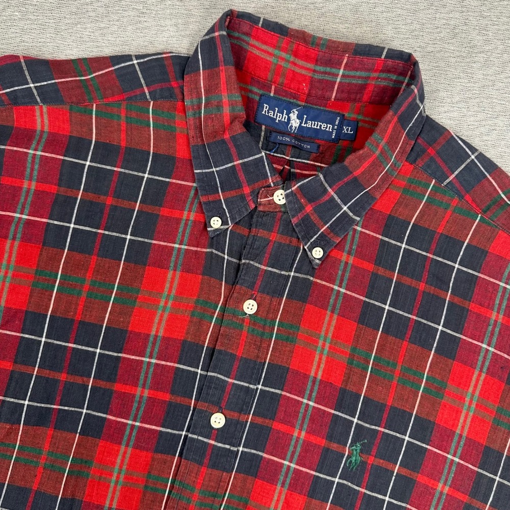 Ralph Lauren Shirt Mens XL (Fits 2XL) Red Navy Green Plaid Short Slv Button Down
